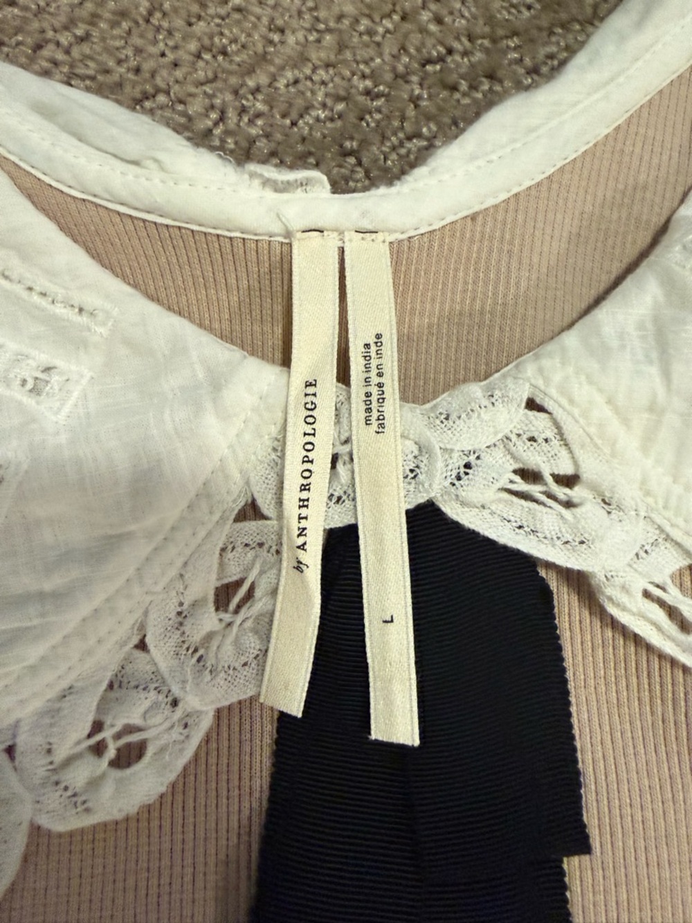 Anthropologie Beige Tank Top with White Lace Peter Pan Collar and Black Bow - Picture 2 of 2